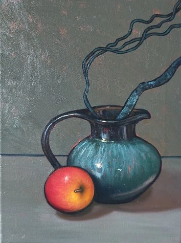 Blue Mountain Pottery Jug with apple, still life painting by NZ artist Jonette Murray
