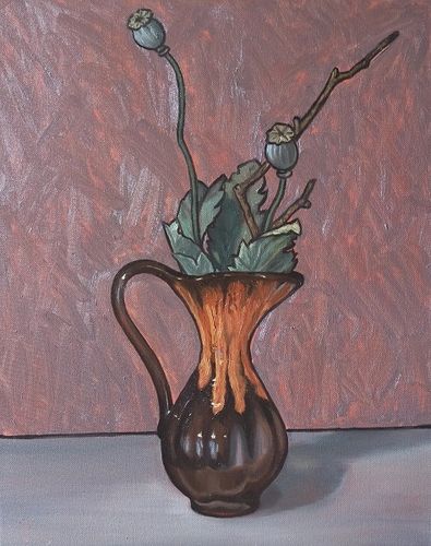 Still life painting of a vase and poppy seeds by New Zealand artist Jonette Murray