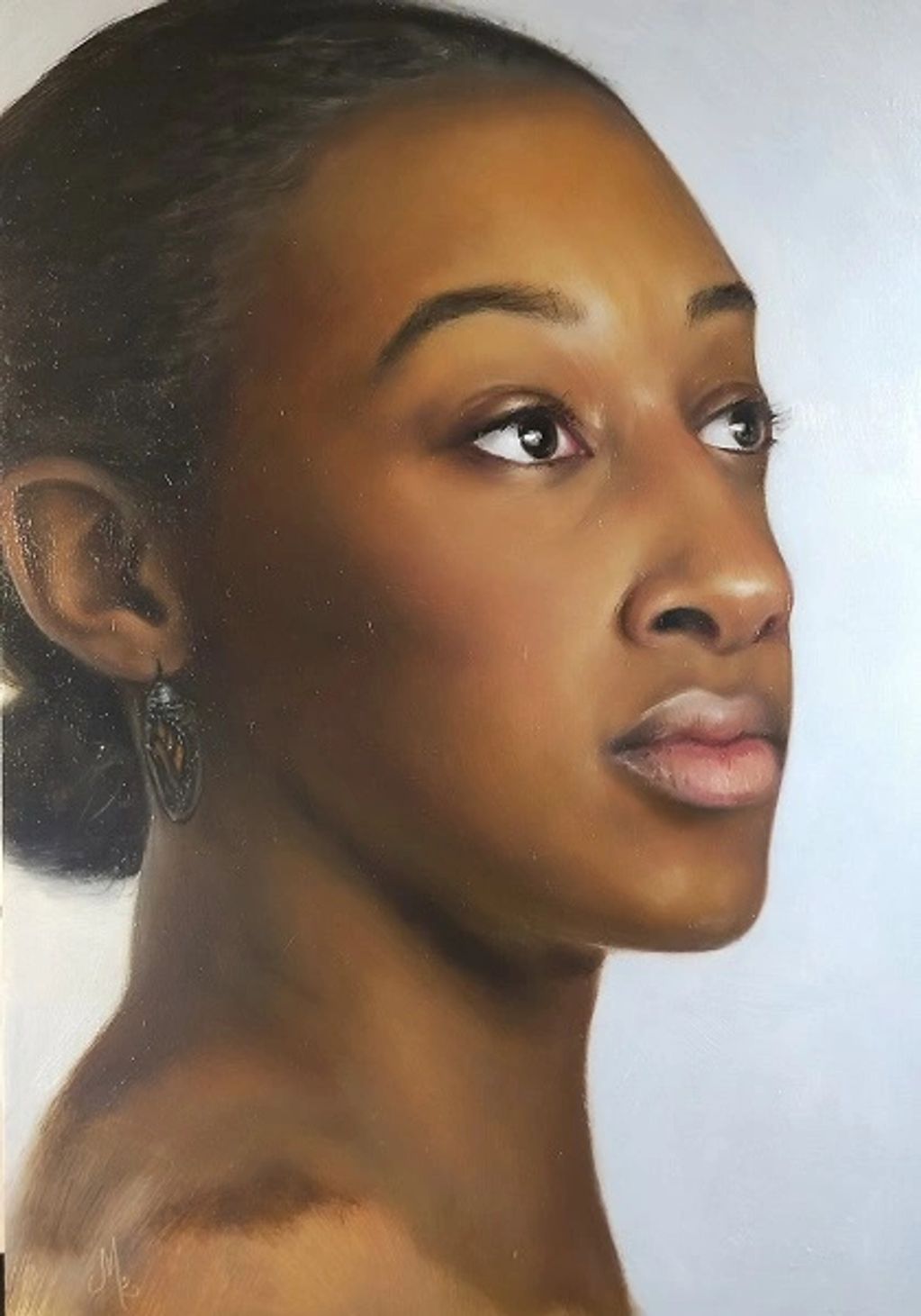 Realistic portrait painting of a beautiful black woman with soft lighting and detailed features, by 