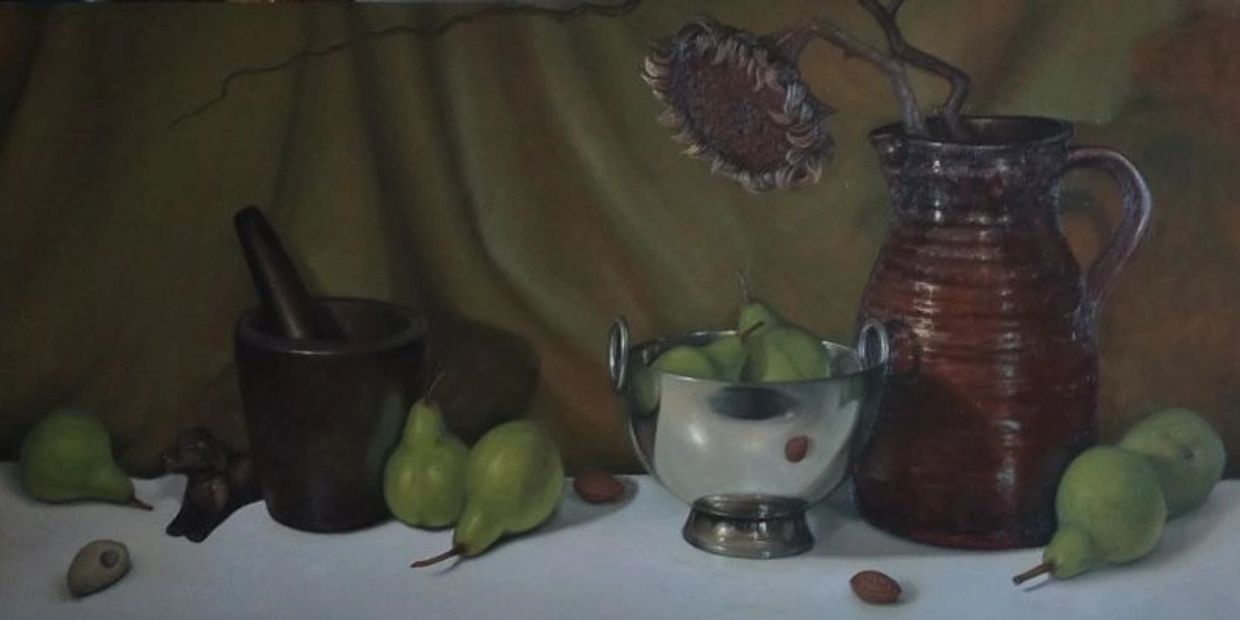 Elaborate Still life painting with green pears and items on a table by NZ artist Jonette Murray