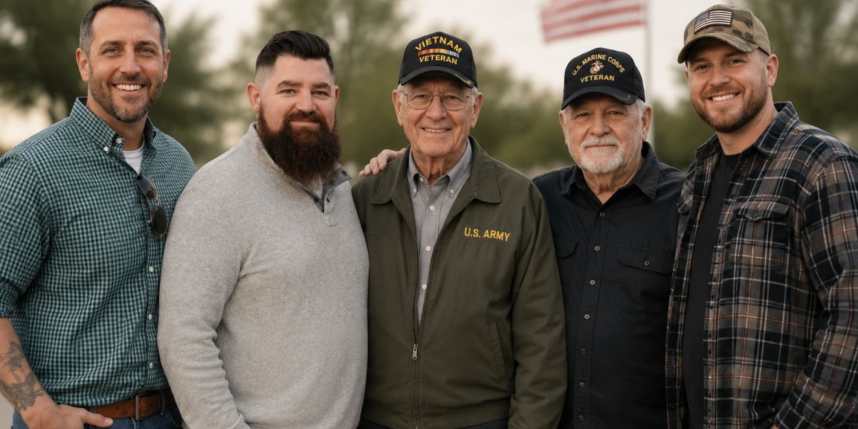 Group of smiling veterans with caps and casual clothes.