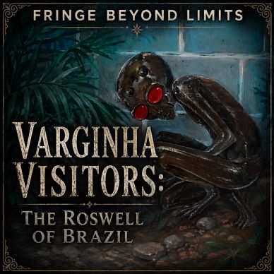 Illustration of an alien crouching with red glasses titled 'Varginha Visitors: The Roswell of Brazil'.