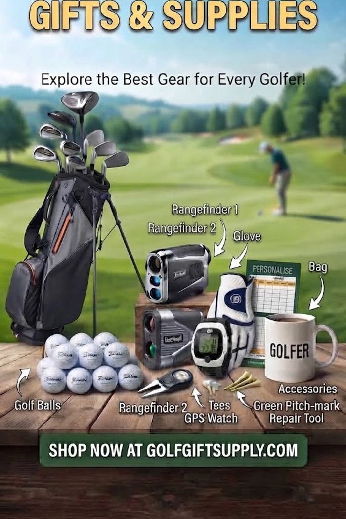 Golf gifts and supplies including clubs, balls, rangefinders, glove, and accessories.