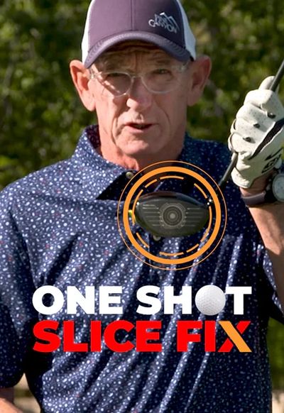 Older man in golf attire holding a club with text 'One Shot Slice Fix'.