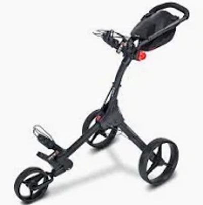 Three-wheeled golf push cart with a handle and storage compartment.