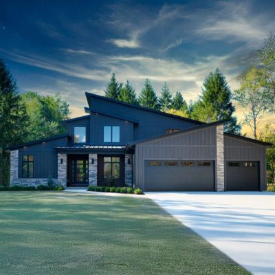 Modern black house with a large driveway and garage.