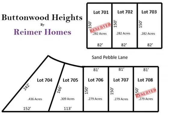 Buttonwood Heights lot map by Reimer Homes showing available and reserved lots.