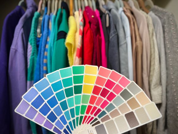 Color swatches displayed in front of a rack of colorful sweaters.