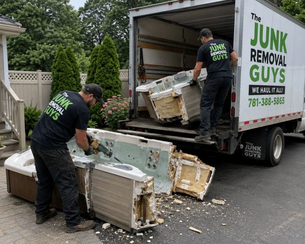 Two workers from Junk Removal Guys loading old appliances into a truck.
