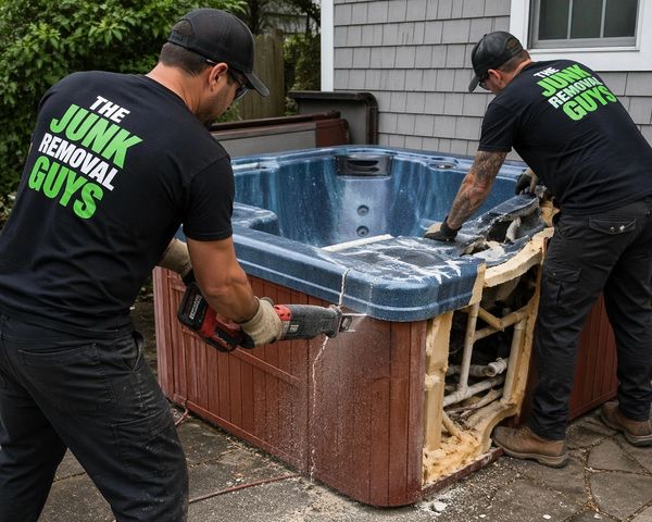Two men from The Junk Removal Guys dismantling a hot tub.