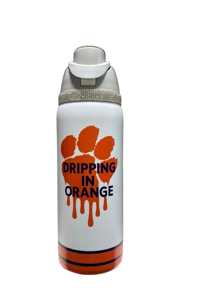 Dripping in Orange Tumbler with Clemson paw logo