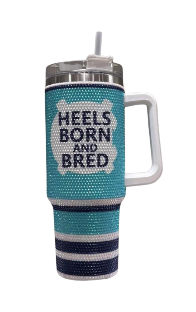Heels Born and Bred Tumbler in Carolina blue rhinestones