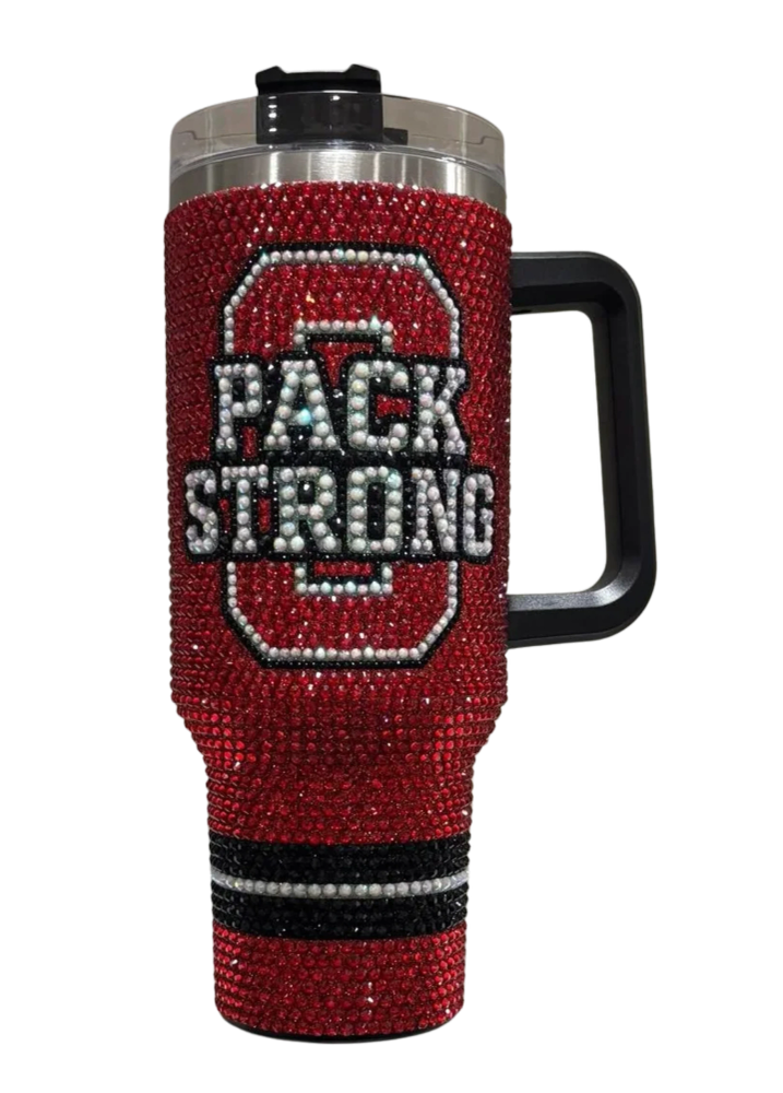 Pack Strong Tumbler in NC State red rhinestones