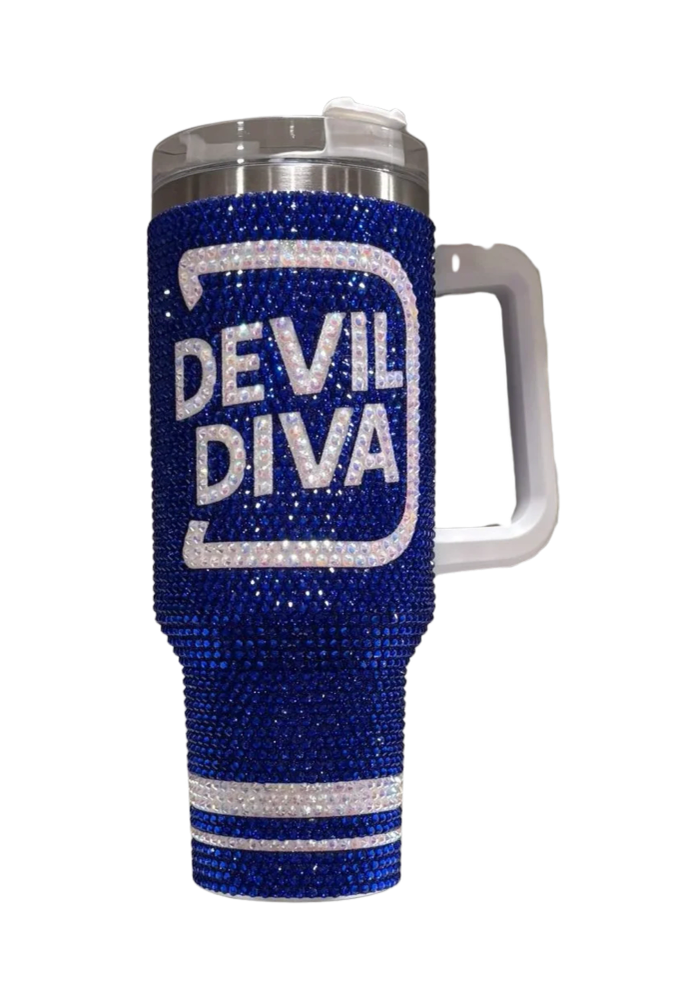 Devil Diva Tumbler in Duke blue rhinestones