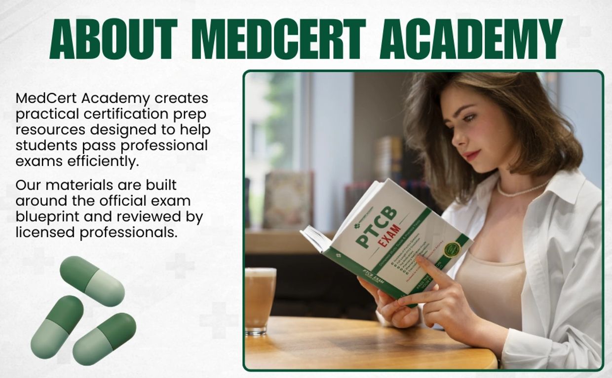 Woman studying PTCB exam book from MedCert Academy for certification prep.
