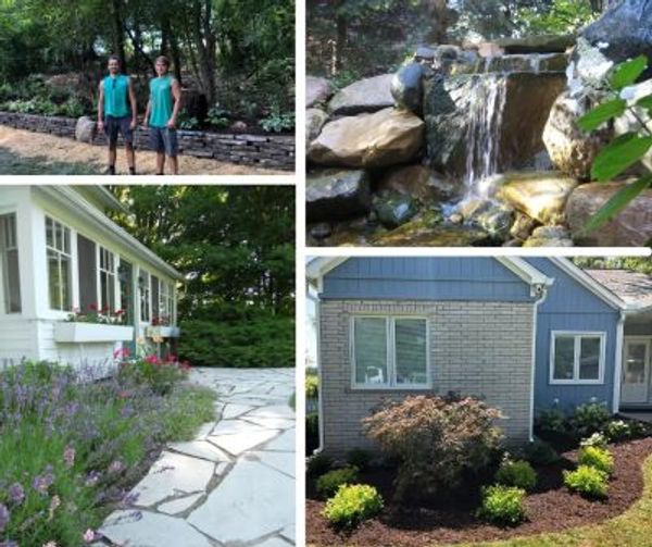 4 pictures of completed landscape beds with new plants and a waterfall