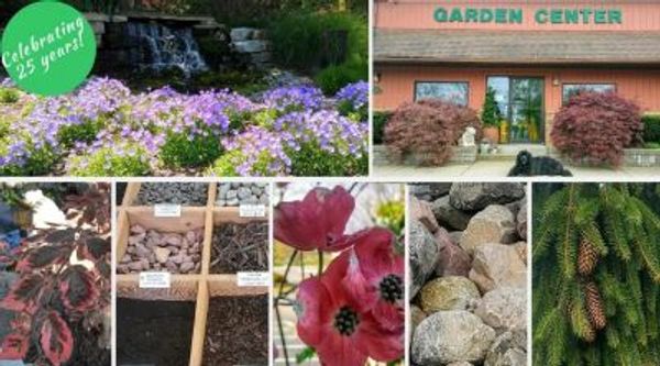 Collage showing the entry way to the store and sample products like, rocks, trees and flowers