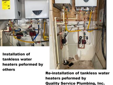 Reinstallation of tankless water heater by Quality Service Plumbing, Inc. 