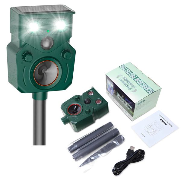 Solar-powered animal repellent with flashing lights and sound speaker.