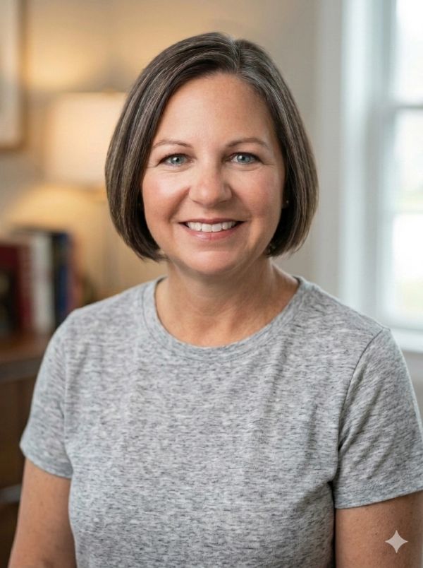 Smiling woman with short brown hair in a gray shirt.