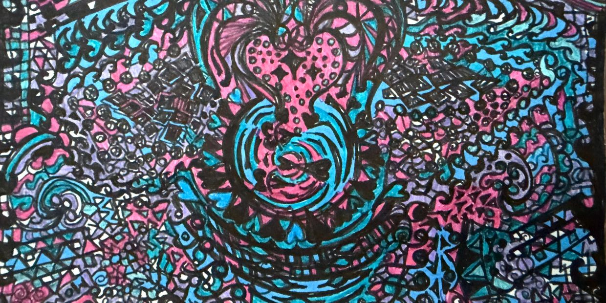Colorful abstract doodle with intricate black outlines in pink, blue, and purple hues.