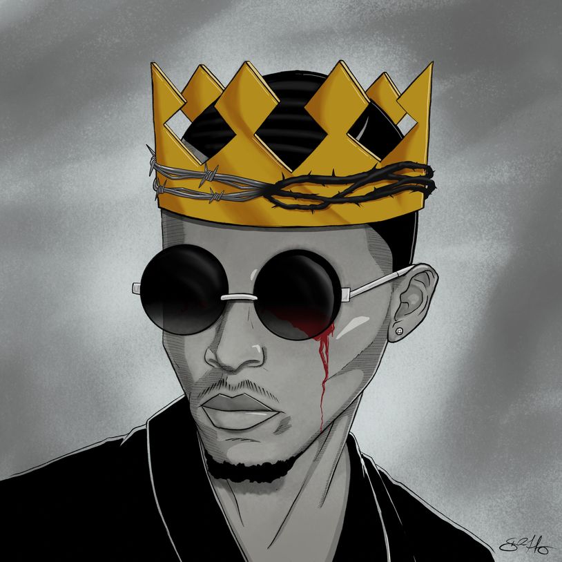 Portrait of a man wearing a golden crown with barbed wire and sunglasses, a tear of blood running down his cheek.