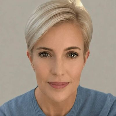 Close-up portrait of a woman with short blonde hair and a blue sweater.