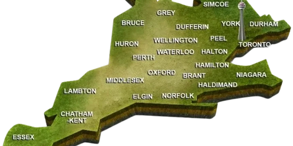 3D map of Ontario counties with Toronto marked by CN Tower.
