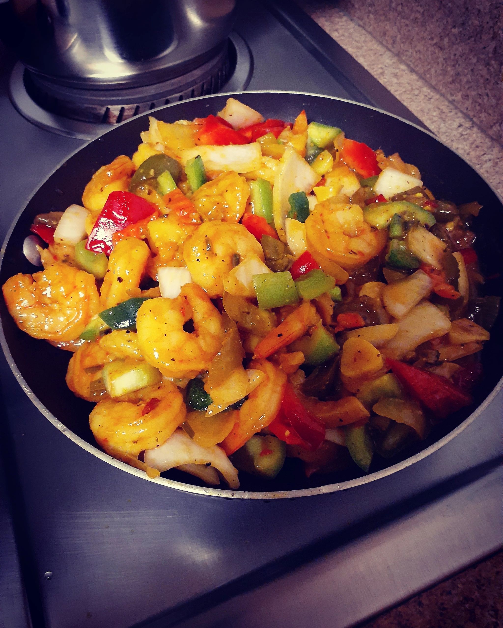 Spicy Sweet and sour shrimp with vegetables. 