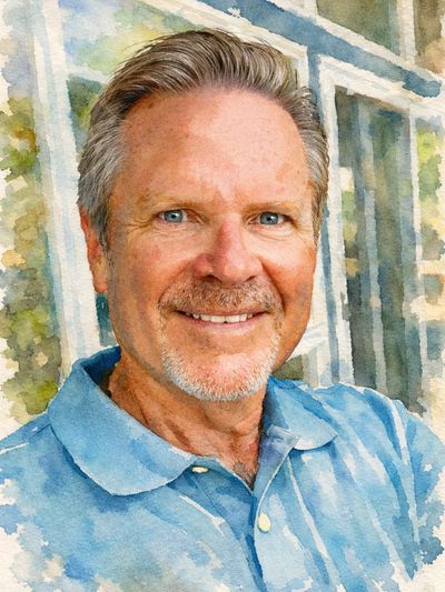 Smiling middle-aged man in a blue shirt with a watercolor effect.