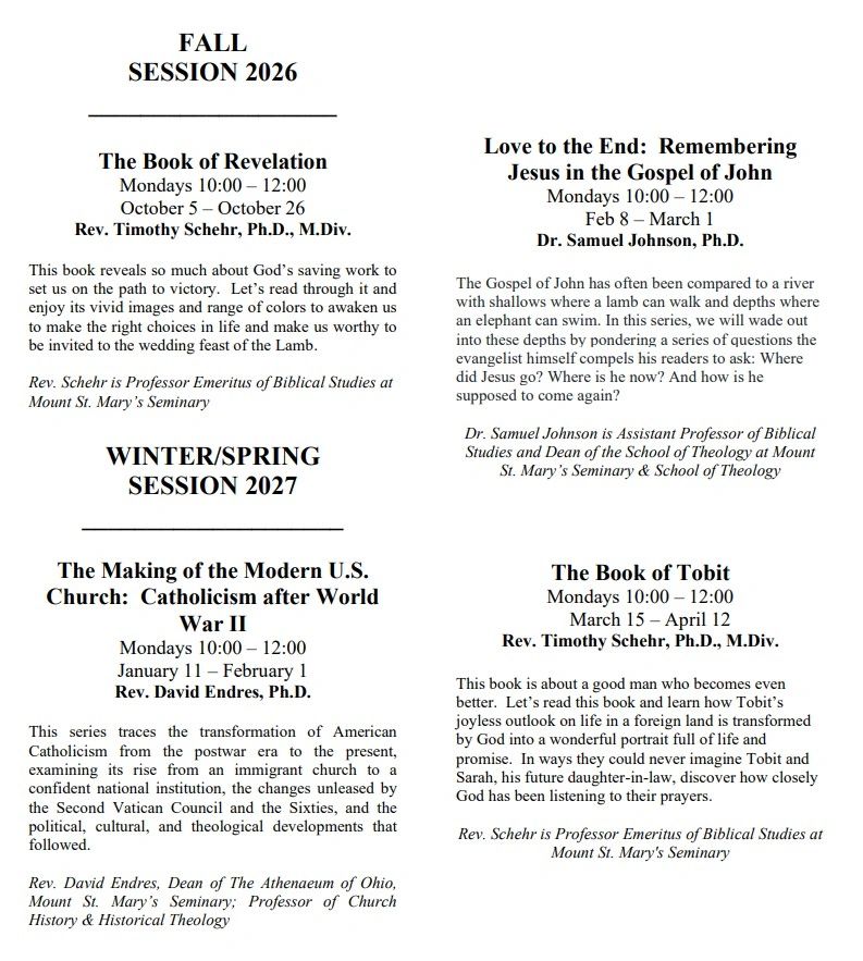 Flyer outlining religious study sessions for Fall 2026 and Winter/Spring 2027.