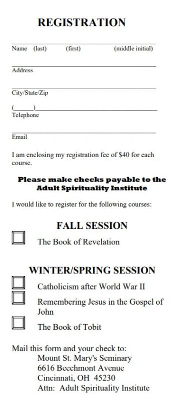 Registration form for Adult Spirituality Institute courses with personal info and payment details.