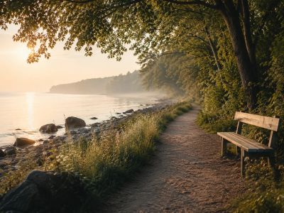A quiet lakeside path with a wooden bench at sunset.