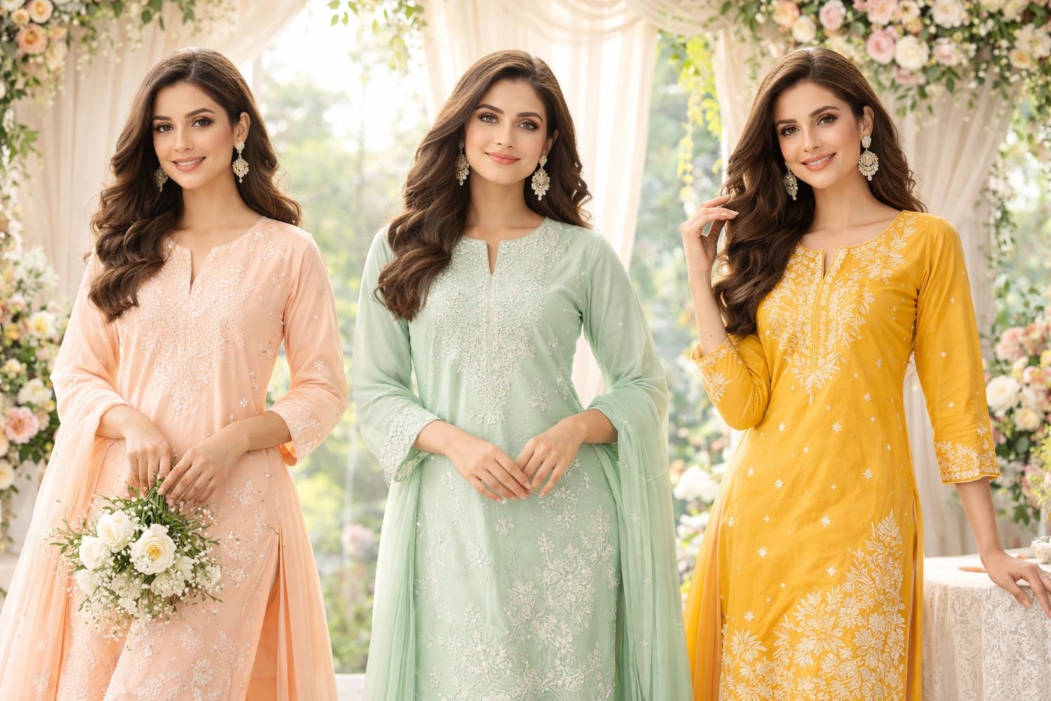Three women in pastel embroidered dresses posing gracefully in a floral setting.