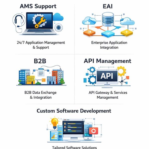 Overview of IT services including AMS Support, EAI, B2B, API Management, and Custom Software Development.