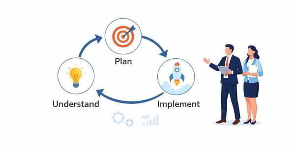 Business cycle of understanding, planning, and implementing with professionals.