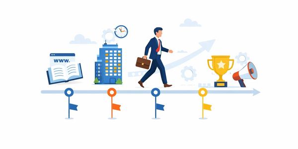 Businessman walking a timeline from learning to success and promotion.