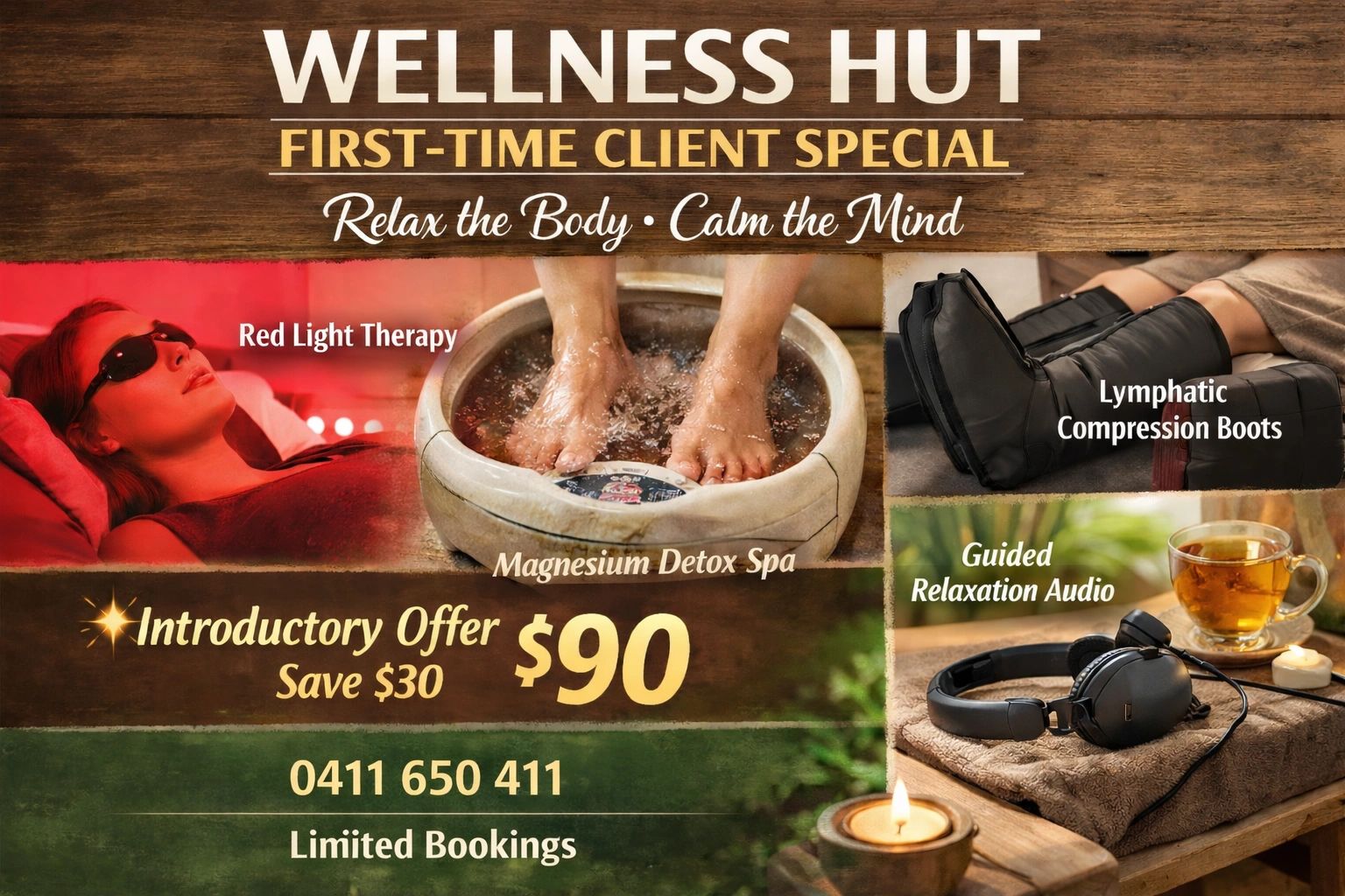 Wellness Hut offers a $90 first-time client special with red light therapy, magnesium detox spa, compression boots, and relaxation audio.