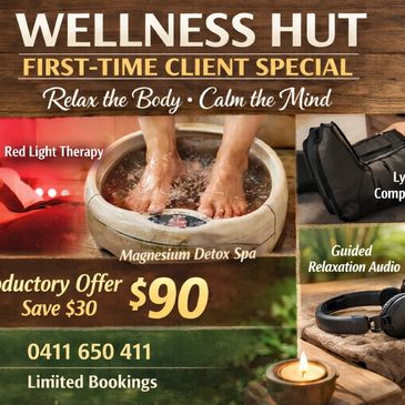 Wellness Hut offers a $90 first-time client special with red light therapy, magnesium detox spa, compression boots, and relaxation audio.