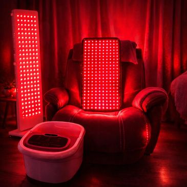 Red LED light therapy panels in a cozy room with a foot spa basin.