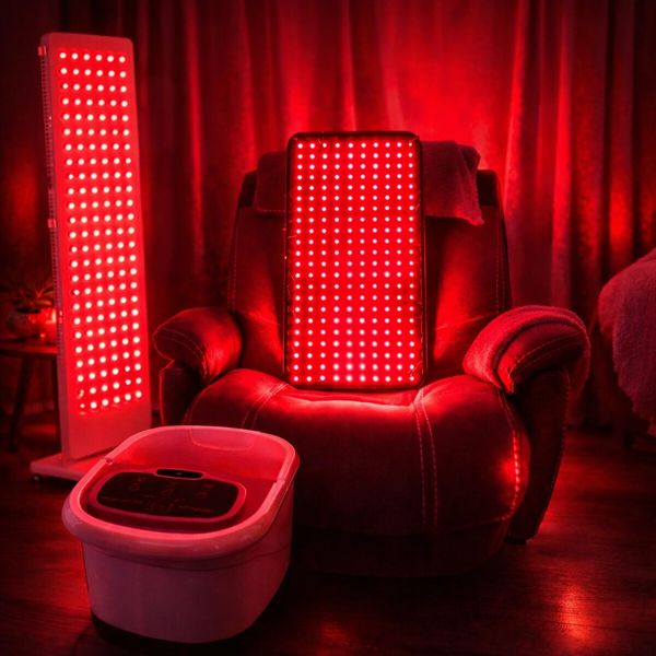 Red LED light therapy panels in a cozy room with a foot spa basin.