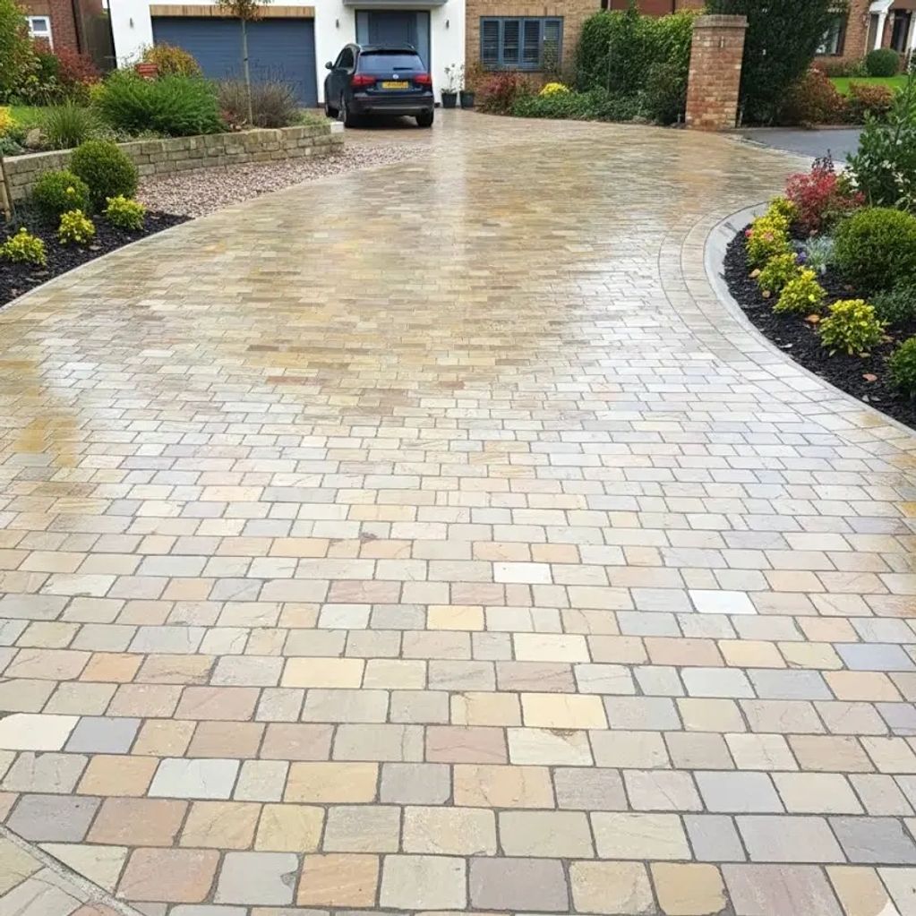 A clean, patterned stone driveway leading to a garage with a parked car.