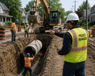 Project manager oversees workers installing large concrete pipe underground.