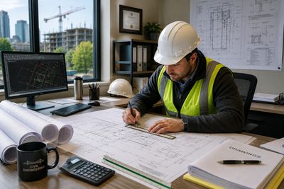 Engineer in a hard hat and safety vest working on architectural plans at his desk.