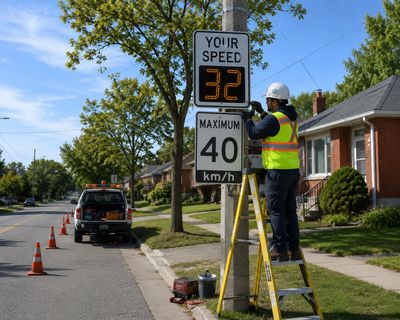 Worker calibrates a speed radar sign on a suburban street.
