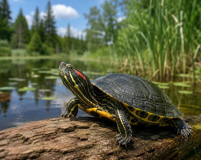 A turtle resting on a log by a pond with greenery around.