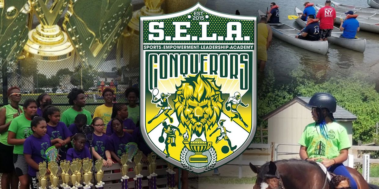 S.E.L.A. Conquerors logo with kids in sports, canoes, and horseback riding.