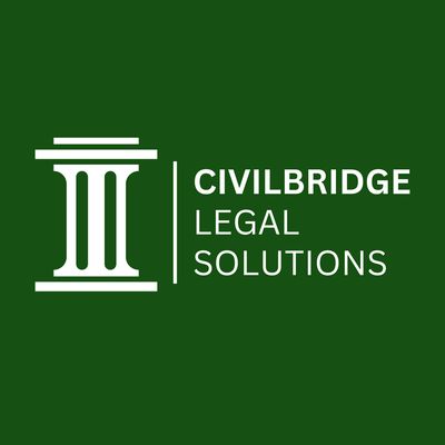 Logo with a pillar icon and the text 'CivilBridge Legal Solutions' on a green background.