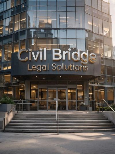Modern office building entrance with 'Civil Bridge Legal Solutions' sign.