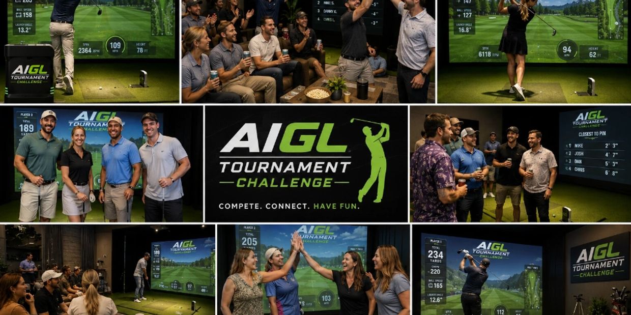People enjoying an indoor AI-powered golf tournament challenge.